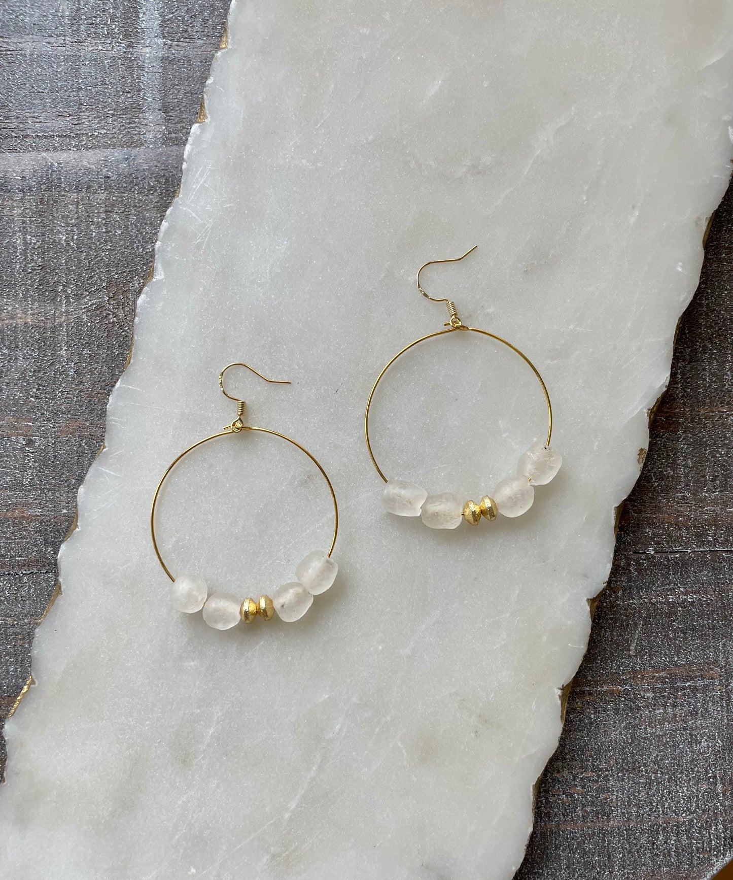 Iridescent white beaded & gold accent hoops