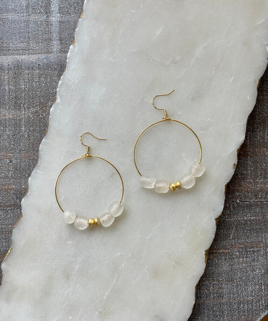 Iridescent white beaded & gold accent hoops