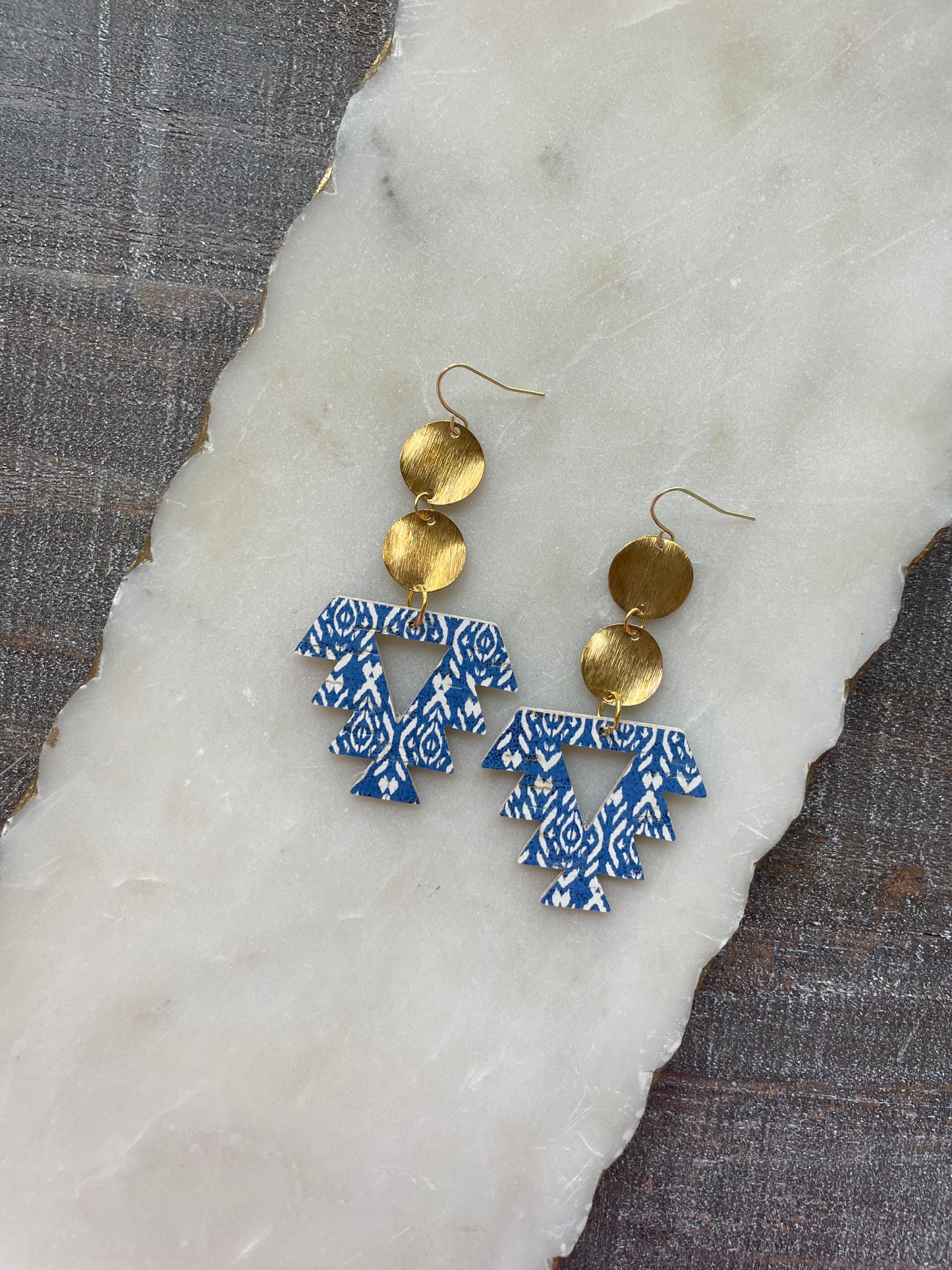 Blue and white leather earrings